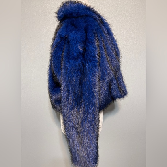 Cobalt Blue Faux Fur Jacket Women Statement Plush Glam Festival Coat Y2K Small - Picture 2 of 5